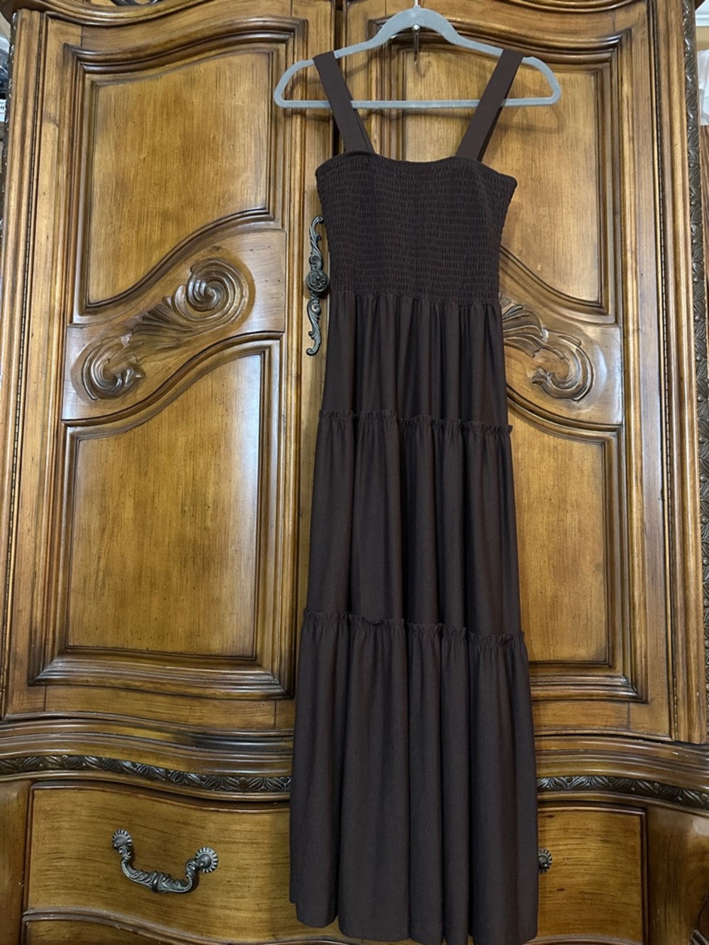 Summertime Resort Ready Smocked Brown Feminine 3Tired Silhouette Maxi DressSmall - Picture 10 of 15